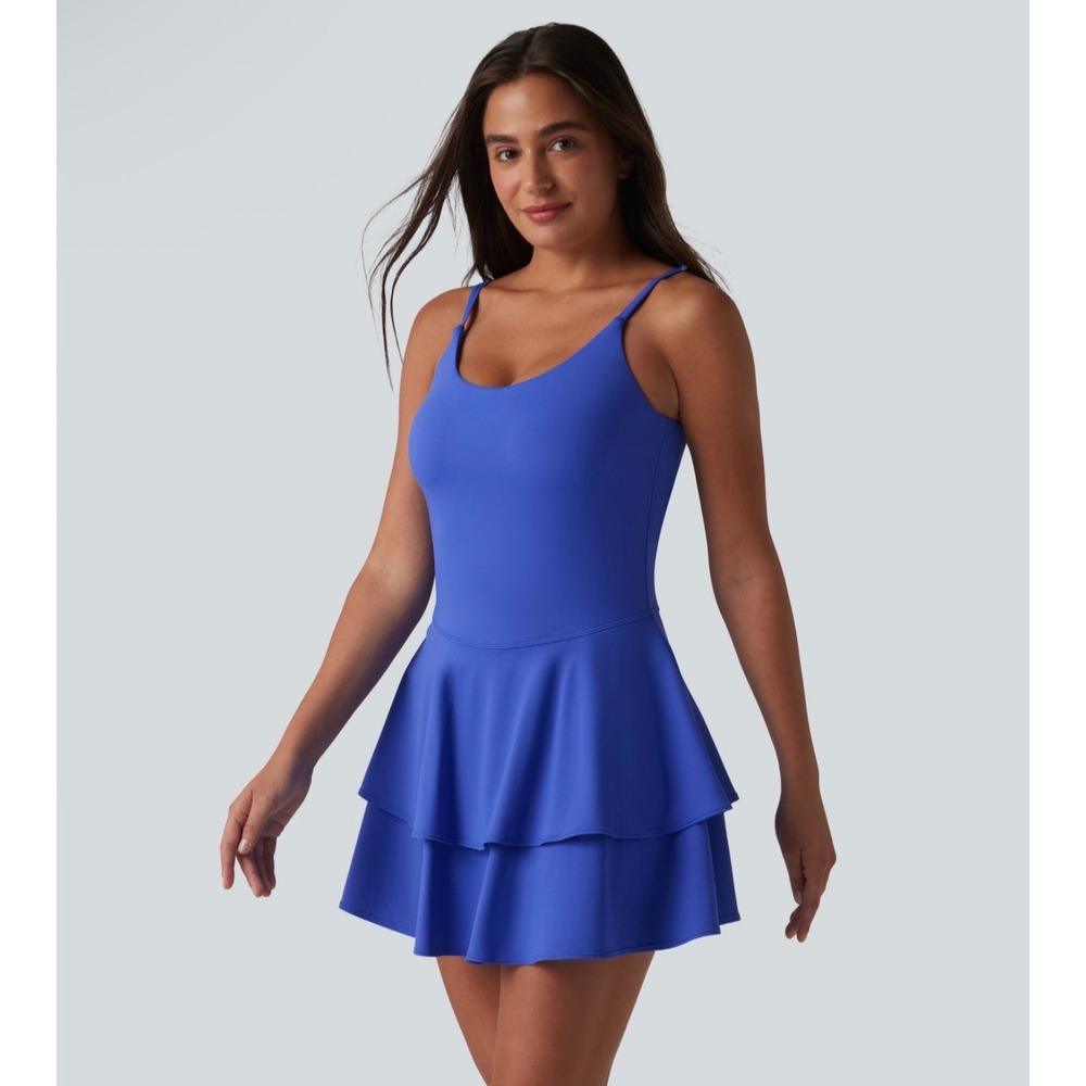 Halara XS Blue Airy Built-in Bra 2-in-1 Tiered InstantCool Mini Tennis Dress